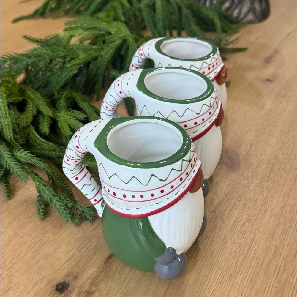 Pottery Barn Holiday 3 Gnome coffe mugs  - Green, Red, White, Gray